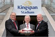 5 June 2014; Pictured are, from left to right, Shane Logan, Chief Executive Ulster Rugby, Pat Freeman, Managing Director of Kingspan Environmental, and John Robinson, President Ulster Rugby, during an announcement of a 10-year agreement with the Kingspan Group for the naming rights to what will now be called Kingspan Stadium, Belfast, Co. Antrim. Picture credit: John Dickson / SPORTSFILE
