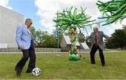 5 June 2014; Former World Cup winner with Argentina Ossie Ardiles takes a penalty against RTÉ presenter Bill O'Herlihy, who will be presenting his 11th World Cup, in attendance at the announcement of their 2014 FIFA World Cup coverage. RTÉ studios, Donnybrook, Dublin. Picture credit: Matt Browne / SPORTSFILE