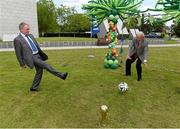 5 June 2014; Former Republic of Ireland international Ray Houghton takes a penalty against RTÉ presenter Bill O'Herlihy, who will be presenting his 11th World Cup, in attendance at the announcement of their 2014 FIFA World Cup coverage. RTÉ studios, Donnybrook, Dublin. Picture credit: Matt Browne / SPORTSFILE