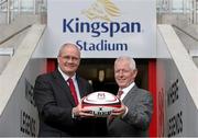5 June 2014; Shane Logan, left, Chief Executive Ulster Rugby, and Pat Freeman, Managing Director of Kingspan Environmental, during an announcement of a 10-year agreement with the Kingspan Group for the naming rights to what will now be called Kingspan Stadium, Belfast, Co. Antrim. Picture credit: John Dickson / SPORTSFILE