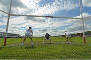 31 May 2014; Paul Dermody, Kildare goalkeeper, with team-mates Mark Moloney, left, and Martin Fitzgerald, prepare to save a penalty from Stephen Clych, Meath. Christy Ring Cup Semi-Final, Kildare v Meath, St Loman's Park, Trim, Co. Meath. Picture credit: Piaras Ó Mídheach / SPORTSFILE