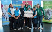5 June 2014; The Eastern Region Kayaking team, from left, Mary Sheehan, Paddy Dennigan, Thomas McMahon, Nicola Higgins and Deirdre O'Callaghan, with Irish rugby players Marie Louise O'Reilly and Fiona Coughlan during the launch of Team Eastern Region for the Special Olympics Ireland Summer Games. Terminal Two, Dublin Airport, Dublin. Picture credit: Brendan Moran / SPORTSFILE