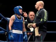 6 June 2014; Ireland's Katie Taylor receives instructions from her father and trainer Pete Taylor, right, and Team Ireland technical coach Zaur Antia, centre, during her 60kg Semi-Final bout against Denitsa Eliseeva, Bulgaria. 2014 European Women’s Boxing Championships Semi-Finals, Polivalenta Hall, Bucharest, Romania. Picture credit: Pat Murphy / SPORTSFILE