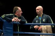 6 June 2014; Team Ireland trainer Pete Taylor, right, and technical coach Zaur Antia, in conversation after Katie Taylor won her 60kg Semi-Final bout against Denitsa Eliseeva, Bulgaria. 2014 European Women’s Boxing Championships Semi-Finals, Polivalenta Hall, Bucharest, Romania. Picture credit: Pat Murphy / SPORTSFILE