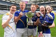 7 June 2014; Longford players, from left, John Mulhern, Dermot Kiernan, captain Martin Coyle, Declan Tanner and his four year old daughter Lucy celebrate after the game. Lory Meagher Cup Final, Longford v Fermanagh, Croke Park, Dublin. Picture credit: Matt Browne / SPORTSFILE