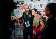 7 June 2014; Ireland's Katie Taylor is interviewed, alongside her father and trainer Pete Taylor, after victory over Estelle Mossley, France, in their 60kg Final bout to win her sixth straight european title. 2014 European Women’s Boxing Championships Finals, Polivalenta Hall, Bucharest, Romania. Picture credit: Pat Murphy / SPORTSFILE