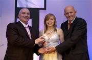 20 May 2006; Sarah Woods, Mery Coolock, Dublin, who was presented with the Female Senior Player of the Year award by Tony Colgan, President of Basketball Ireland, right, and Sean O'Reilly, left. Basketball Ireland Awards, Conrad Hotel, Dublin. Picture credit; Pat Murphy / SPORTSFILE