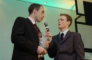 20 May 2006; David Donnelly, Roma St. Vincents, who was presented with the Male Super League player of the year award is interviewed after receiving his award. Basketball Ireland Awards, Conrad Hotel, Dublin. Picture credit; Pat Murphy / SPORTSFILE