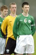 18 May 2006; Republic of Ireland U15 captain John Dunleavy, goalkeeper Ger Hanley and Paul Murphy, left, stand for the National Anthem Amhrain na bhFiann. International Friendly, Republic of Ireland U15 v Turkey U15, Home Farm FC, Whitehall, Dublin. Picture credit; Damien Eagers / SPORTSFILE