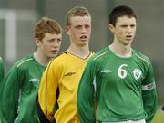 18 May 2006; Republic of Ireland U15 captain John Dunleavy, goalkeeper Ger Hanley and Paul Murphy, left, stand for the National Anthem Amhrain na bhFiann. International Friendly, Republic of Ireland U15 v Turkey U15, Home Farm FC, Whitehall, Dublin. Picture credit; Damien Eagers / SPORTSFILE