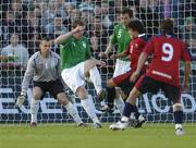 24 May 2006; Manuel Iturra Urrutia, second from right, Chile, beats Richard Dunne, Gary Breen and goalkeeper Shay Given, Republic of Ireland, to score his side's first goal. International Friendly, Republic of Ireland v Chile, Lansdowne Road, Dublin. Picture credit; David Maher / SPORTSFILE