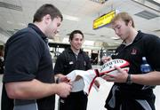 25 May 2006; Ulster Rugby players Bryan Young, Issac Boss and Stephen Ferris before leaving Belfast International airport on route to Swansea for their crunch Celtic league clash with Ospreys on Friday night. Picture credit; Oliver McVeigh / SPORTSFILE