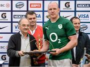 7 June 2014; Ireland captain Paul O'Connell is presented with the Serie Copa Almirante Brown following their victory. Summer Tour 2014, First Test, Argentina v Ireland. Estadio Centenario, Resistencia, Chaco, Argentina. Picture credit: Stephen McCarthy / SPORTSFILE