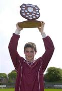 11 May 2006; St Rynagh's captain James Sullivan lifts the shield after victory. Coca-Cola North Leinster Schools Juvenile B Hurling Final, St Rynagh's Community College, Banagher, Co. Offaly v Cistercian, Roscrea, Co. Tipperary, St Brendan's Park, Birr, Co. Offaly. Picture credit: Damien Eagers / SPORTSFILE