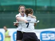 28 May 2006; Hermes players Molly Powers, 7, celebrates with Carol Devine after scoring her side's only goal. ESB All-Ireland Women's Club Championship Final, Hermes v Pegasus, Belfield, UCD, Dublin. Picture credit: Ray Lohan / SPORTSFILE