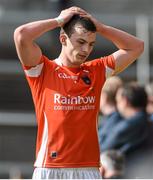 8 June 2014; Armagh's Ethan Rafferty reacts after receiving a red card. Ulster GAA Football Senior Championship, Quarter-Final, Armagh v Cavan, Athletic Grounds, Armagh. Picture credit: Ramsey Cardy / SPORTSFILE