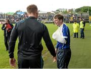 8 June 2014; Martin Dunne, Cavan, with his arm in a sling at half time. Ulster GAA Football Senior Championship, Quarter-Final, Armagh v Cavan, Athletic Grounds, Armagh. Picture credit: Oliver McVeigh / SPORTSFILE