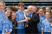 9 June 2014; Sadhbh Quinlan, Scoil San Treasa, Mount Merrion, Dublin, is presented with the cup by Tadhg Kenny, Cumann na mBunscol. Allianz Cumann na mBunscol Football Finals, Croke Park, Dublin. Picture credit: Barry Cregg / SPORTSFILE