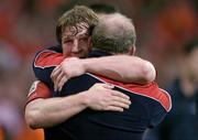 20 May 2006; Munster's Jerry Flannery celebrates with head coach Declan Kidney after the game. Heineken Cup Final, Munster v Biarritz Olympique, Millennium Stadium, Cardiff, Wales. Picture credit; Brendan Moran / SPORTSFILE
