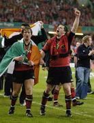20 May 2006; Munster's Jerry Flannery and Marcus Horan celebrate after the game. Heineken Cup Final, Munster v Biarritz Olympique, Millennium Stadium, Cardiff, Wales. Picture credit; Brendan Moran / SPORTSFILE