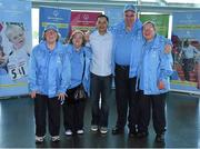 5 June 2014; Members of the Eastern Region pitch & putt team, from left, Derrica Delaney, Teresa Reddy, Derek O'Connell, and Joe Byrne, from St Michael's House, Templeogue, Dublin, with Former Dublin footballer and Eastern Region Sporting Ambassador Jason Sherlock during the launch of Team Eastern Region for the Special Olympics Ireland Summer Games. Terminal Two, Dublin Airport, Dublin. Picture credit: Brendan Moran / SPORTSFILE