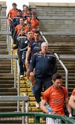 8 June 2014; Armagh manager Paul Grimley and his players walk down through the terrace as they arrive for the game. Ulster GAA Football Senior Championship, Quarter-Final, Armagh v Cavan, Athletic Grounds, Armagh. Picture credit: Oliver McVeigh / SPORTSFILE