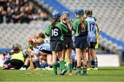 10 June 2014; Aisling Murray, centre, Scoil Loreto, Rathfarnham, Dublin, is consoled by team-mates Sarah Moore, left, and Lucy O'Shea, right, as Scoil Mhuire Lucan, Dublin, celebrate victory after the final whistle is blown. Allianz Cumann na mBunscol Football Finals, Croke Park, Dublin. Picture credit: Barry Cregg / SPORTSFILE