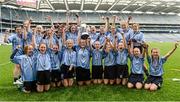 10 June 2014; Scoil Mhuire Lucan, Dublin, captain Maria Crowley lifts the cup with team-mates as they celebrate victory after the game. Allianz Cumann na mBunscol Football Finals, Croke Park, Dublin. Picture credit: Barry Cregg / SPORTSFILE