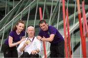 11 June 2014; Double Paralympic gold medallist Mark Rohan was joined by fellow athletes, swimmer Ellen Keane and footballer Gary Messett, to celebrate the announcement that Mondelez Ireland has extended its sponsorship of Paralympics Ireland until March 2017. Liam Harbison, CEO of Paralympics Ireland, and Mondelez Ireland Managing Director Justin Cook joined the athletes at the announcement in Dublin’s Grand Canal Dock. Mondelez, the owner of well-loved brands including Cadbury, Belvita and the Natural Confectionary Company, has signed a three year sponsorship taking the partnership beyond the next Paralympic Games in Rio in 2016 and plan to continue to develop the talent and awareness initiatives previously undertaken by Cadbury. Pictured at the launch are, from left, Ellen Keane, swimmer, Mark Rohan, Double Paralympic gold medal handcyclist, and footballer Gary Messett. Grand Canal Dock, Dublin. Picture credit: Pat Murphy / SPORTSFILE