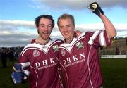 22 February 2004; Caltra players Brian Kilroy, left, and Shane Hogan celebrate after the AIB All-Ireland Senior Club Football Championship Semi-Final match between Caltra and Loup at Markievicz Park in Sligo. Photo by Damien Eagers/Sportsfile