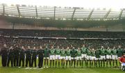 14 February 2004; The Ireland team stand for the national anthems prior to the RBS Six Nations Rugby Championship match between France and Ireland at Stade de France in Paris, France. Photo by Brendan Moran/Sportsfile