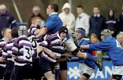 24 February 2004; Shane Timmons of St Mary's College wins a lineout during the Leinster Rugby Schools Junior Cup Quarter-Final match between St Mary's College and Terenure College at Donnybrook Stadium in Dublin. Photo by Damien Eagers/Sportsfile