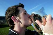 28 February 2004; Sligo IT cptain Michael Moynes celebrates with the cup after the Datapac Sigerson Cup Final match between Queens University Belfast and Sligo IT at Corrigan Park in Belfast, Antrim. Photo by Sportsfile