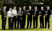 1 March 2004; Recipients of awards at the AIB Provincial Player Awards at the AIB Bankcentre, Dublin, are from left, Tomás O Sé of An Ghaeltacht, Darren Quinn of Dunloy, Rory Gallagher of St Brigid's, President of the GAA Sean Kelly, Billy Finn of AIB, Johnny McBride of The Loup, Ben O'Connor, of Newtownshandrum, Ollie Canning of Portumna and Michael Meehan of Caltra. Photo by Brendan Moran/Sportsfile