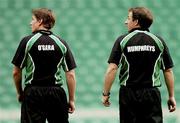 5 March 2004; Out-halves Ronan O'Gara and David Humphreys during Ireland Rugby kicking practice at Twickenham Stadium in London, England. Photo by Matt Browne/Sportsfile