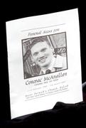 5 March 2005; A mourner holds a mass booklet at the funeral of Tyrone footballer Cormac McAnallen at St Patrick's Church in Eglish, Tyrone. Photo by Ray McManus/Sportsfile