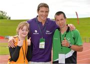 13 June 2014; Former Ireland and Munster rugby player David Wallace with athletes Garrett McDonald, Swinford, Co. Mayo, and Laura Keenan, Enniskillen, Co. Fermanagh, ahead of the days events. Special Olympics Ireland Games, University of Limerick, Limerick.  Picture credit: Diarmuid Greene / SPORTSFILE