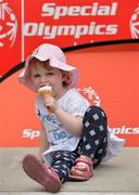 13 June 2014; Team Munster supporter Kate Cantwell, age 2 and a half, from Ballinacurra, Limerick, enjoys an ice-cream cone at the UL Sport Arena. Special Olympics Ireland Games, University of Limerick, Limerick. Picture credit: Diarmuid Greene / SPORTSFILE