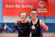 13 June 2014; Eastern Region athletes Niamh Thornton, age 13, from Clonshaugh, Dublin, left, and Billy Kane, age 14, from Swords, Co. Dublin, after competing in the gymnastics heats. Special Olympics Ireland Games, University of Limerick, Limerick. Picture credit: Diarmuid Greene / SPORTSFILE
