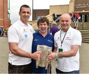 13 June 2014; Paddy Cunningham, from Callan, Co. Kilkenny, Team Leinster, holding the Liam MacCarthy cup along with former Munster and Ireland rugby player Alan Quinlan, left, and Dublin hurling manager Anthony Daly at the UL Sport Arena. Special Olympics Ireland Games, University of Limerick, Limerick. Picture credit: Diarmuid Greene / SPORTSFILE