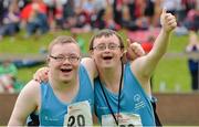 13 June 2014; Eastern Region athletes  LJ Ryan, aged 17, from Blanchardstown, Dublin, left, and Adam Lalor, aged 19, from Clonee, Dublin, after competing in the Mini Javelin heats. Special Olympics Ireland Games, University of Limerick, Limerick. Picture credit: Diarmuid Greene / SPORTSFILE