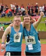 13 June 2014; Eastern Region athletes  LJ Ryan, aged 17, from Blanchardstown, Dublin, left, and Adam Lalor, aged 19, from Clonee, Dublin, after competing in the Mini Javelin heats. Special Olympics Ireland Games, University of Limerick, Limerick. Picture credit: Diarmuid Greene / SPORTSFILE