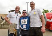 13 June 2014; Cillian Amond, from Carlow, Team Leinster, along with Dublin hurling manager Anthony Daly, left, and former Munster and Ireland rugby player Alan Quinlan, at the UL Sport Arena. Special Olympics Ireland Games, University of Limerick, Limerick. Picture credit: Diarmuid Greene / SPORTSFILE