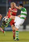 13 June 2014; Dave O'Leary, Cork City, in action against Robert Bayly, Shamrock Rovers. SSE Airtricity League Premier Division, Shamrock Rovers v Cork City, Tallaght Stadium, Tallaght, Co. Dublin. Picture credit: Matt Browne / SPORTSFILE