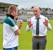 14 June 2014; Referee John Keenan, right, and Kildare manager Brian Lawlor discuss the new penalty interpretations before the game. GAA All-Ireland Hurling Senior Championship Promotion Play Off, Westmeath v Kildare, Cusack Park, Mullingar, Co. Westmeath. Picture credit: Piaras Ó Mídheach / SPORTSFILE
