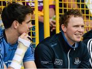 14 June 2014; Injured Dublin players Gary Maguire, right, and Danny Sutcliffe watch the game from the stand. Leinster GAA Hurling Senior Championship, Semi-Final, Wexford v Dublin, Wexford Park, Wexford. Picture credit: Dáire Brennan / SPORTSFILE