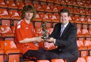 7 June 2006; Derry City's Pat McCourt is presented with the eircom / Soccer Writers Association of Ireland Player of the Month award for May by Dennis Cousins, eircom. Tolka Park, Dublin. Picture credit: Brian Lawless / SPORTSFILE