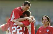 18 June 2006; Sean Dillon, 22, Shelbourne, celebrates after scoring his side's first goal with team-mates left to right, Jason Byrne, Colin Hawkins and Stuart Byrne. UEFA Intertoto Cup, First Round, First Leg, FK Vetra v Shelbourne, Vetros Stadium, Vilnius, Lithuania. Picture credit: David Maher / SPORTSFILE