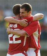 18 June 2006; Sean Dillon, left, Shelbourne, celebrates after scoring his side's first goal with team-mate Colin Hawkins. UEFA Intertoto Cup, First Round, First Leg, FK Vetra v Shelbourne, Vetros Stadium, Vilnius, Lithuania. Picture credit: David Maher / SPORTSFILE