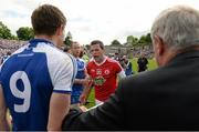 15 June 2014; Darren Hughes, Monaghan, left, and Conor Gormley, Tyrone, in dispute after the game. Ulster GAA Football Senior Championship, Semi-Final, Monaghan v Tyrone, St Tiernach's Park, Clones, Co. Monaghan. Picture credit: Oliver McVeigh / SPORTSFILE